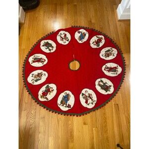 Vintage Father Christmas Tree Skirt Santa Pom Pom Trim